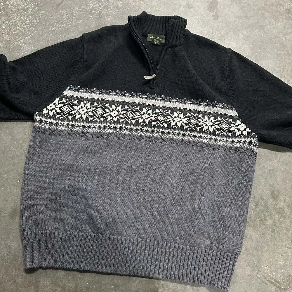 Vintage Eddie Bauer Men's Black Grey Fair Isle 1/4 Quarter Zip Cotton Sweater L